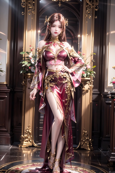 1girl, solo, long hair, breasts, looking at viewer, brown hair, dress, bare shoulders, brown eyes, jewelry, full body, flower, earrings, lying, barefoot, on back, red dress, hand on own chest, delicate and beautiful animation eyes, realistic skin, complex details, best lighting, depth of field, ultra high resolution, cowboy shooting, dynamic poses, dynamic angles, , waner, yaoye, 1 girl