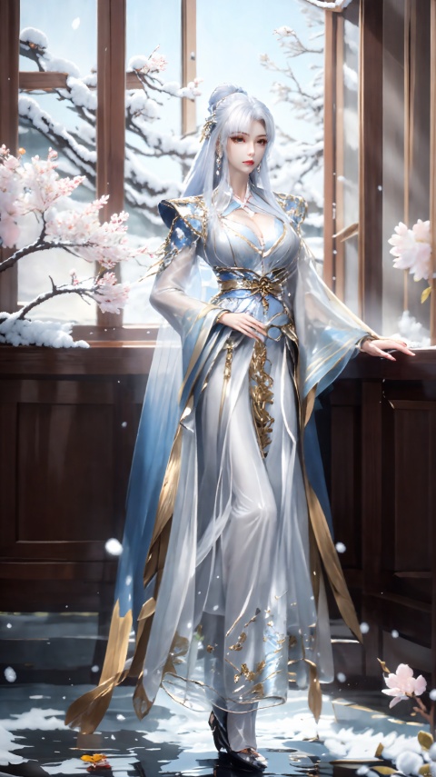 1girl, solo, looking at viewer, white hair, hair ornament, long sleeves, dress, holding, jewelry, closed mouth, standing, full body, flower, earrings, hair bun, white dress, see-through, clothing cutout, window, blue dress, chinese clothes, cleavage cutout, tassel, snow, branch