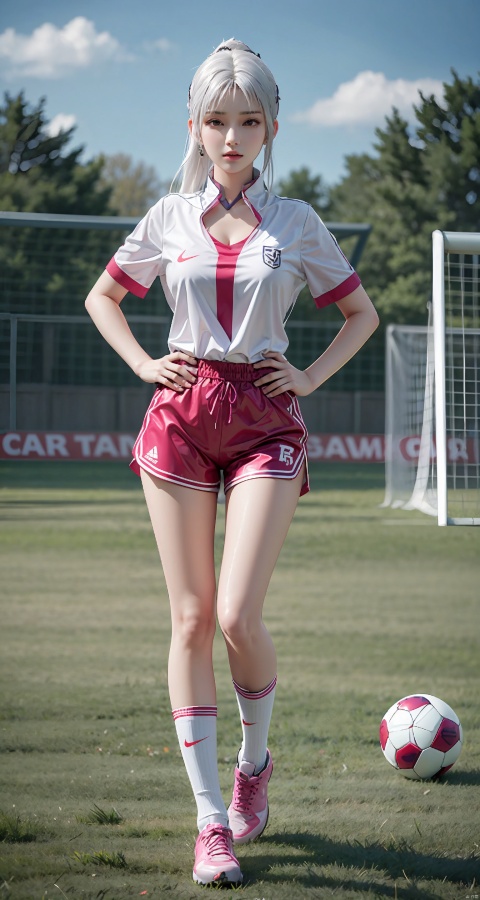 1girl, long hair, breasts, looking at viewer, white hair, shirt, brown eyes, standing, full body, ponytail, short sleeves, cleavage, eoutdoors, shoes, shorts, solo focus, socks, blurry, lips, hand on hip, kneehighs, black socks, ball, white shorts, sportswear, realistic, pink footwear, soccer uniform, soccer ball, nike, soccer, adidas, qingyi, xiaoyixian