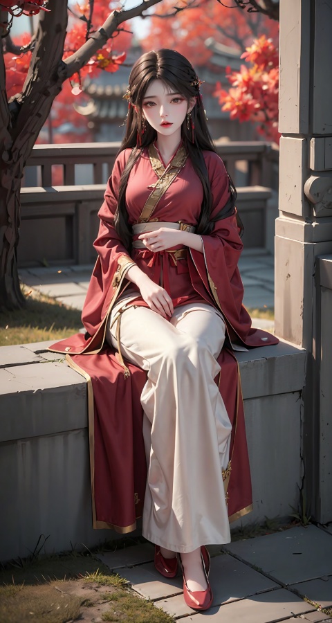 1girl, solo, long hair, black hair, hair ornament, long sleeves, dress, jewelry, sitting, full body, earrings, wide sleeves, chinese clothes, red dress, hanfu, yunxi, huolinger