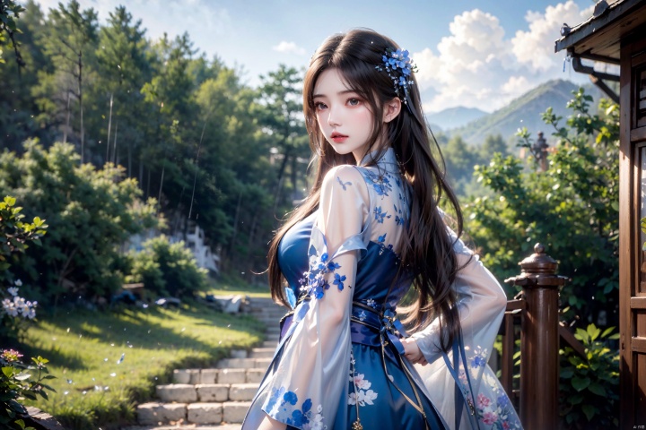 1girl, solo, long hair, looking at viewer, brown hair, black hair, hair ornament, long sleeves, dress, jewelry, standing, flower, sky, looking back, cloud, hair flower, blue sky, chinese clothes, red dress, lantern, stairs, mountain, delicate and beautiful animation eyes, realistic skin, complex details, best lighting, depth of field, ultra high resolution, cowboy shooting, dynamic poses, dynamic angles, , limuwan