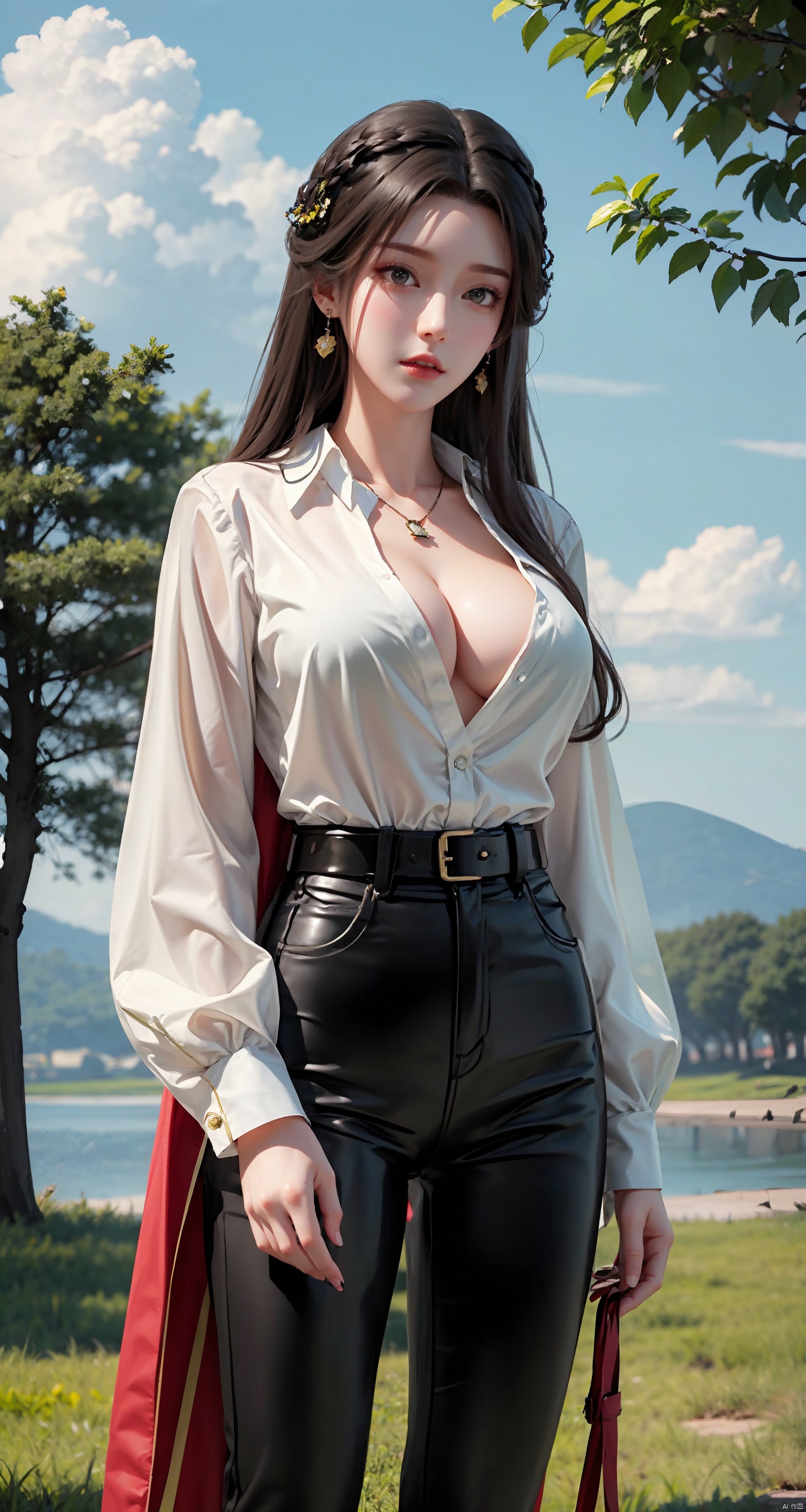 1girl, solo, long hair, breasts, looking at viewer, shirt, purple hair, hair ornament, brown eyes, jewelry, cleavage, Various postures, white shirt, earrings, sky, day, collared shirt, belt, pants, cloud, outdoor, necklace, tree, blue sky, Black Leather Pants, curtains, shirt tucked in, high-waist pants, leather pants, tianqiong, tq, jiangli, ((poakl))