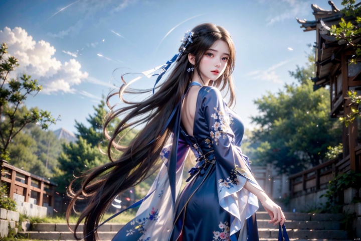 1girl, solo, long hair, looking at viewer, brown hair, black hair, hair ornament, long sleeves, dress, jewelry, standing, flower, sky, looking back, cloud, hair flower, blue sky, chinese clothes, red dress, lantern, stairs, mountain, delicate and beautiful animation eyes, realistic skin, complex details, best lighting, depth of field, ultra high resolution, cowboy shooting, dynamic poses, dynamic angles, , limuwan