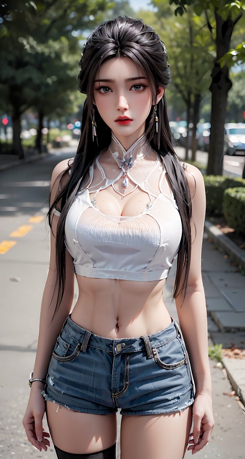 1girl, solo, long hair, breasts, looking at viewer, large breasts, shirt, black hair, navel, brown eyes, jewelry, white shirt, cleavage, earrings, outdoors, see-through, shorts, day, midriff, necklace, crop top, see-through, short shorts, clothing cutout, building, black leather pants, black stockings, red lips, shoulder cutout, cutoffs