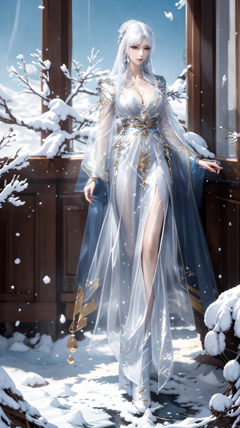 1girl, solo, looking at viewer, white hair, hair ornament, long sleeves, dress, holding, jewelry, closed mouth, standing, full body, flower, earrings, hair bun, white dress, see-through, clothing cutout, window, blue dress, chinese clothes, cleavage cutout, tassel, snow, branch