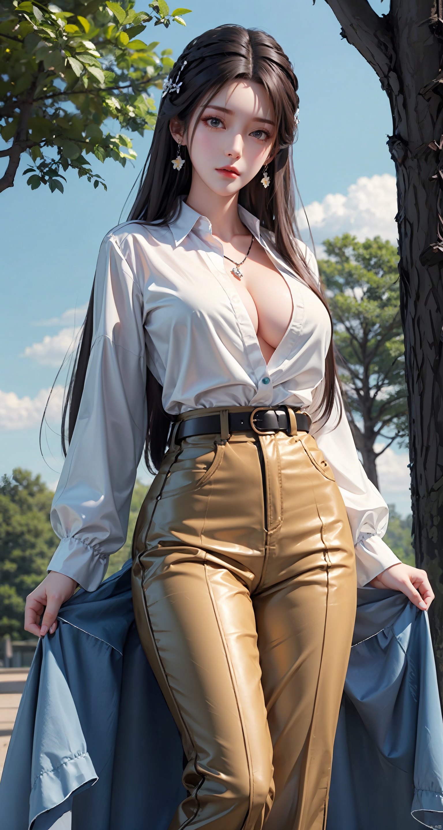 1girl, solo, long hair, breasts, looking at viewer, shirt, purple hair, hair ornament, brown eyes, jewelry, cleavage, Various postures, white shirt, earrings, sky, day, collared shirt, belt, pants, cloud, outdoor, necklace, tree, blue sky, Black Leather Pants, curtains, shirt tucked in, high-waist pants, leather pants, tianqiong, tq, jiangli, ((poakl))