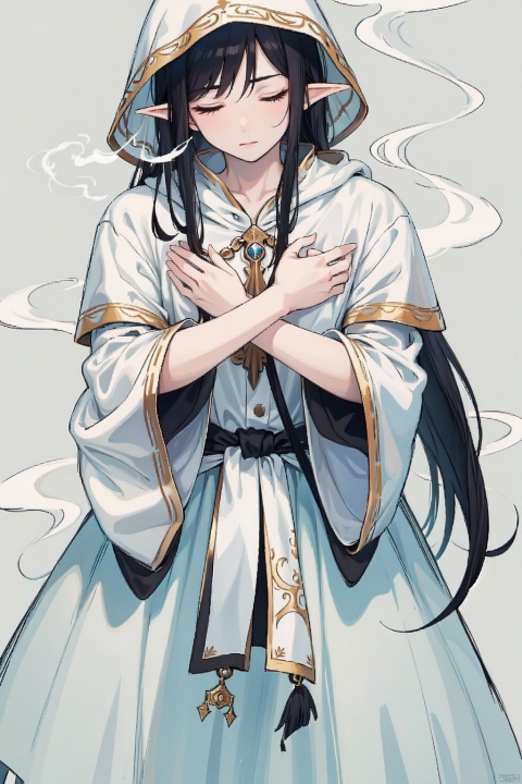  1 neutral person, wearing a cloak, hands crossed in front of his chest, closed eyes, long hair, smoke below the waist, wishing elf