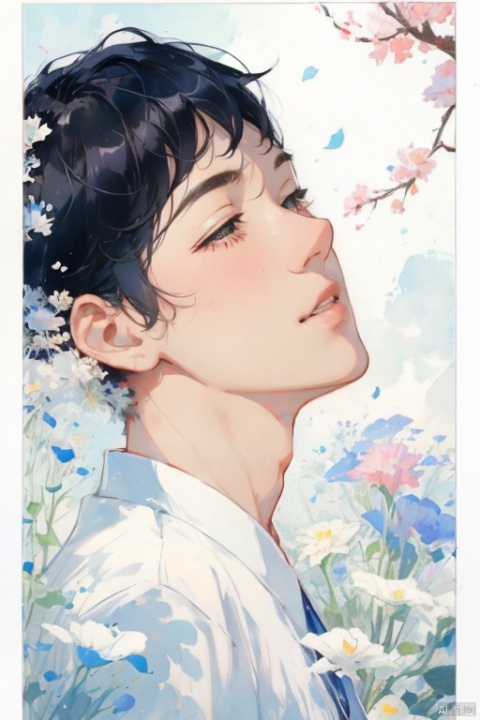 Chinese singer, (Zhou Shen), 1 male, short hair, (Qi bangs), black hair with blue hair, surrounded by petals, white clothes,