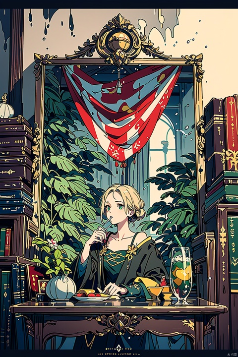  an woman drinking water from a green coconut with a straw is in the foreground. The surrounding decor contains green plants, a triforce symbol, Harry Potter references and circus flags, detailed matte painting, deep colors, fantastic and intricate details, splash screen, complementary colors, fantasy concept art, 8k resolution trending on Artstation Unreal Engine