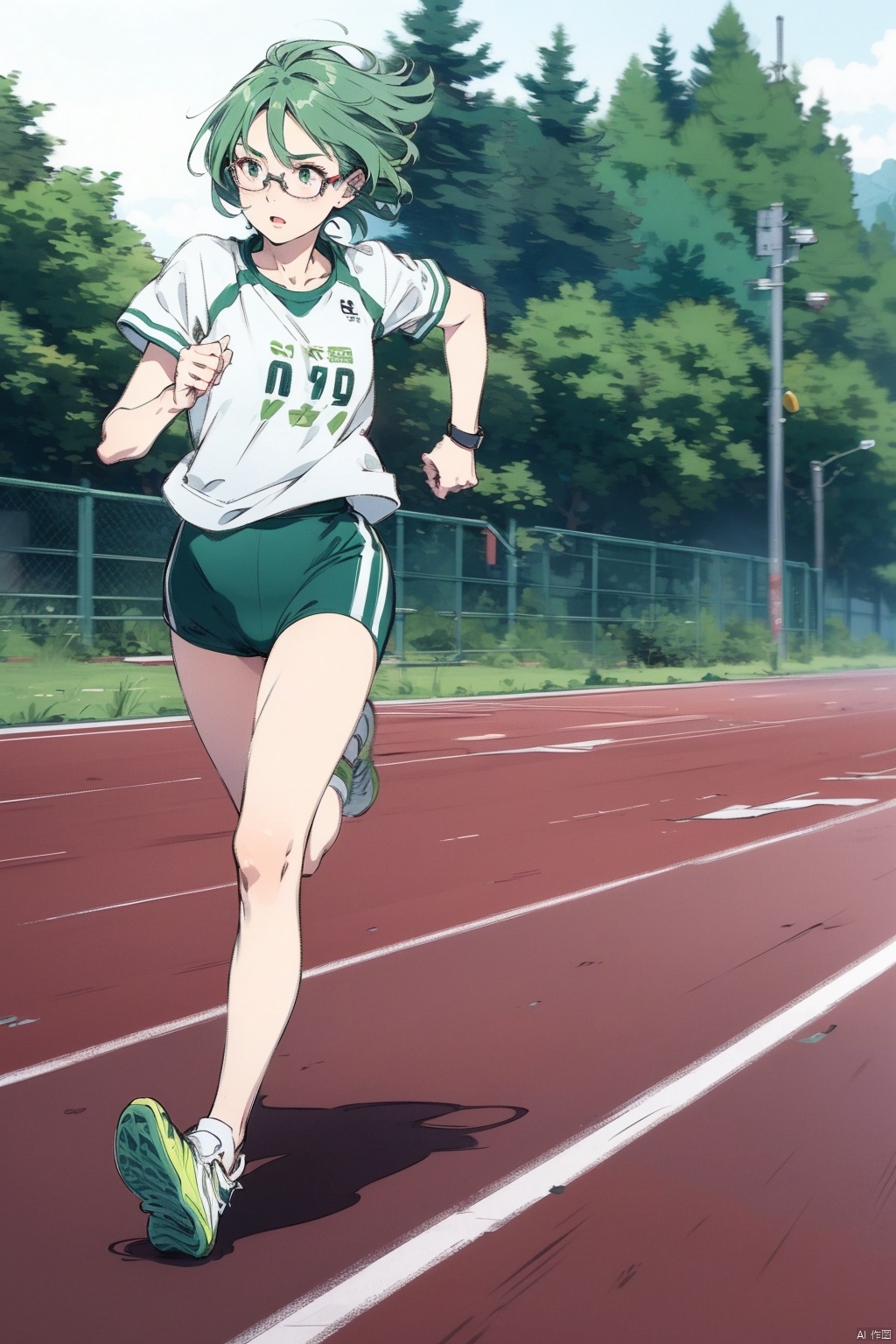  1 middle-aged female, green hair, short hair, full body photo, sportswear, running action, glasses, outdoor, depth of field