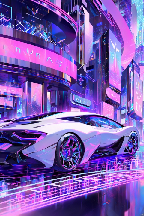  Generate a detailed image of a luxurious vehicle in a futuristic city surrounded by neon lights.,Masterpiece