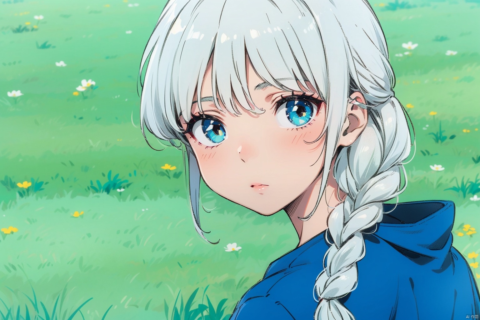  1 girl, (brown skin), silver-white hair, looking back, blue clothes, outdoor, depth of field, green grass, blue sky, white clouds, sunny day, braid