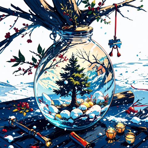  photorealistic, best quaity, 8k, high, Christmass tree in a bottle, falling_snow