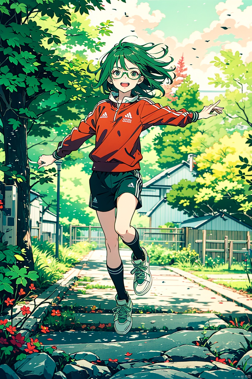  1 middle-aged female, green hair, full body photo, sportswear, jumping action, cheerful, glasses, outdoor, depth of field