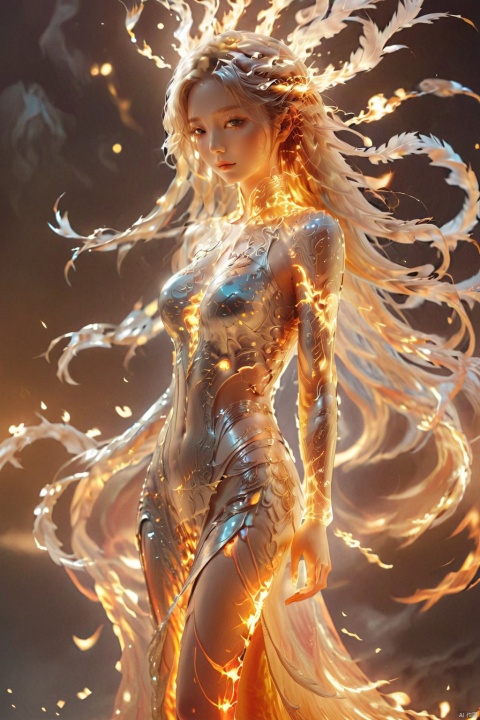 The girl, coming out of the flames, was wearing a long dress made of feathers that glowed like flames and long legs that were bare. Long golden hair. HD, High Quality, Highest Definition, Perfect Body