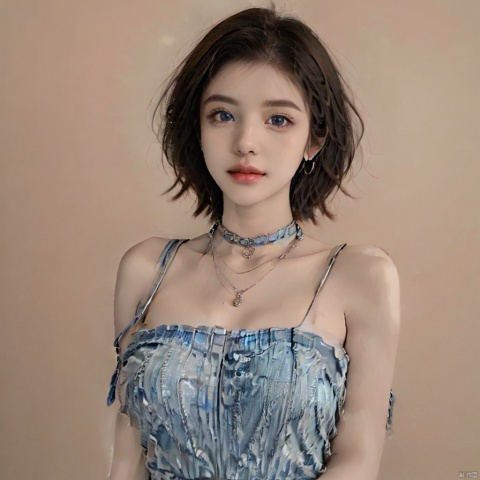  1girl, solo, looking at viewer, short hair, blue eyes, brown hair, black hair, bare shoulders, jewelry, upper body, choker, necklace, lips, tattoo, black choker, realistic, reference inset, photo inset, A girl in an ethnic dress jumper