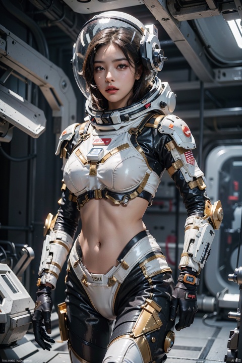 1girl Wearing bikini mecha spacesuit,barebelly spacesuit,revealing a sexy lower abdomen, with full body metal armor, bare belly, belly open, Completely exposed abdomen,midriff,stomach,beautiful girl, super high resolution (photorealistic: 1.4), cosmetics, ground stay, realism, cinematic lighting, ray tracing, anatomically correct, textured skin, High Detail, Award Winning, Best Quality, 8K, Super Detailed, Stunningly Beautiful,, Dynamic Poses, Refined Faces, Vibrant Eyes, High Detailed Skin, Realistic Skin Details, Visible Pores, Sharp Focus, Volumetric Fog , 8k Ultra HD, DSLR, High Quality, Real Skin, Photo Realism, Photography,Ancient makeup,firmament,好（space_helmet）