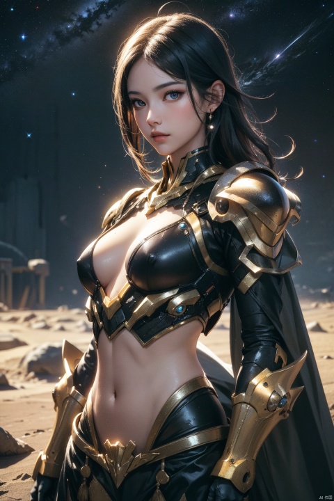 arafed woman wear mecha armor stand and posing, Armored girl,sexy bikini mecha, bare belly, belly open, midriff, stomach, High detail skin,cowboy_shot,front view,deep depth of space, ((universe background)), Realistic skin details, Visible pores, sharp focus, SLR camera, photorealism, Photography, (Professional photography, sharp:1.2), (Portrait shoot), Perfect dynamic composition, (natural sunlight), (soft shadow), (Perfect body:1.4), Ultra-detailed faces and skin, perfect asian, White skin, (Delicate skin:1.3), (perfect glowing skin:0.6), beautiful eyes, round eyes, pretty face, blush, glossy lips, high nose bridge, shiny eyes, Perfectly proportioned face, Really moist skin, exquisite expression, looking at camera, super high resolution (photorealistic: 1.4), space_helmet, official art, extremely detailed CG unity 8k wallpaper, highly detailed, masterpiece, best quality, 21yo girl，red makeup
