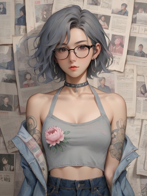 Background, 1 girl, stud ears, short hair, solo, looking at the audience, Peony Tattoo, Chest, denim, Jacket, Necklace, black eyes, Glasses held with one hand, Pants, Off-the-shoulder, Shut up, paper, black hair, crop top, upper body, collarbone, jeans, gray halter shirt