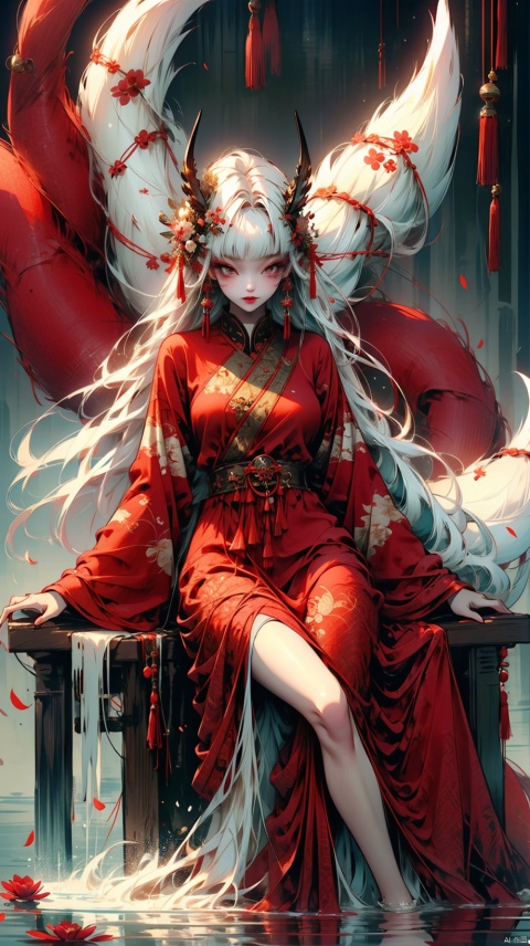 1girl, solo, long hair, breasts, looking at viewer, bangs, large breasts, hair ornament, red eyes, long sleeves, dress, animal ears, sitting, very long hair, tail, full body, flower, white hair, barefoot, hair flower, wide sleeves, water, tree, petals, fox ears, bare legs, fox tail, animal, red dress, fox girl, absurdly long hair, fox