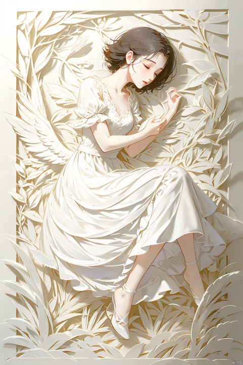 A girl, full body, white dress, short hair, black hair, eyes slightly closed, like sleeping beauty