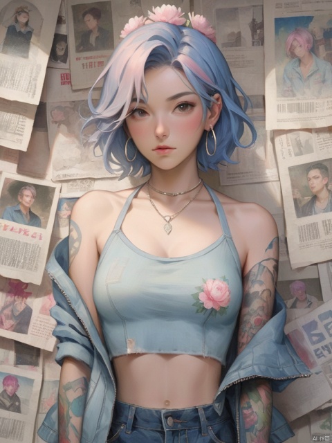 Background, 1 girl, Jewelry, earrings, short hair, solo, looking at the audience, Tattoo (peony tattoo), Chest, denim, Jacket, Necklace, Blue eyes, Pants, Pink tiara, Off-the-shoulder, Shut up, paper, Blue hair, crop top, Upper body, collarbone, Jeans, halter shirt,