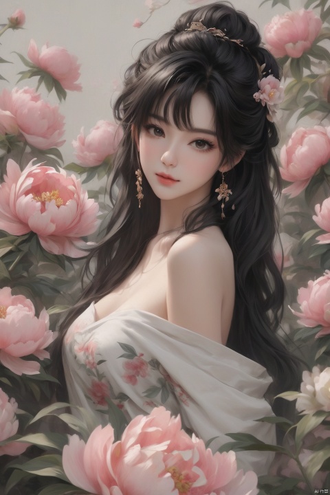 Background Peony, 1 girl, stud ears, long hair, solo, looking at the audience, Peony tattoo, chest, belly, black eyes, actor, flower makeup, off-the-shoulder, shut up, paper, black hair, midriff, upper body, collarbone, sexy, crested, flower, sleeve, tattoo
