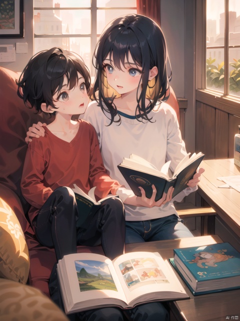  Describe parents and children learning together, reading books, warm scenes, warm colors, high-definition quality, exquisite and beautiful faces, illustrations, cartoon style, romance, watercolor painting,