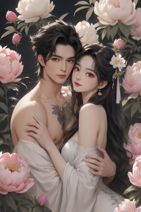 Background Peony, 1 girl, 1 boy, touching together, stud ears, long hair, solo, looking at the audience, Peony tattoo, chest, belly band, black eyes, actor, flower makeup, off-the-shoulder, shut up, paper, black hair, crop, topless, collarbone, sexy, crested, flower, sleeve, tattoo on back,
