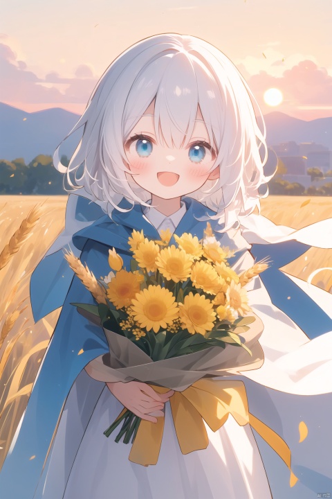 (Drawn by Lynn Okamoto), center frame, clear focus, (panoramic, wide Angle shot), best quality, works, very detailed, detailed background, (from top :1.2), 1 boy, Cat Man, solo,loli, blue eyes, white hair, close one eye, smile, open mouth, windswept hair, side, fluffy hair, French, blush, smile, cape, sunset, dusk, scenery, golden sky, high place, horizon, wheat fields, wheat ears, wind, wind blowing, looking at the audience, (depth of field), Bokeh, (bouquet :1.3), (bouquet :1.2), (middle):0.5,