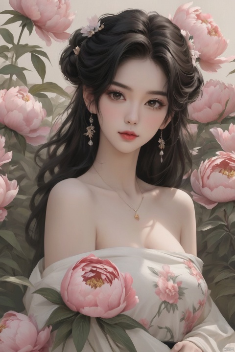 Background Peony, 1 girl, stud ears, long hair, solo, looking at the audience, peony tattoo on the arm, chest, belly, black eyes, actor, flower makeup, off-the-shoulder, shut up, paper, black hair, midriff, upper body, collarbone, sexy, crested