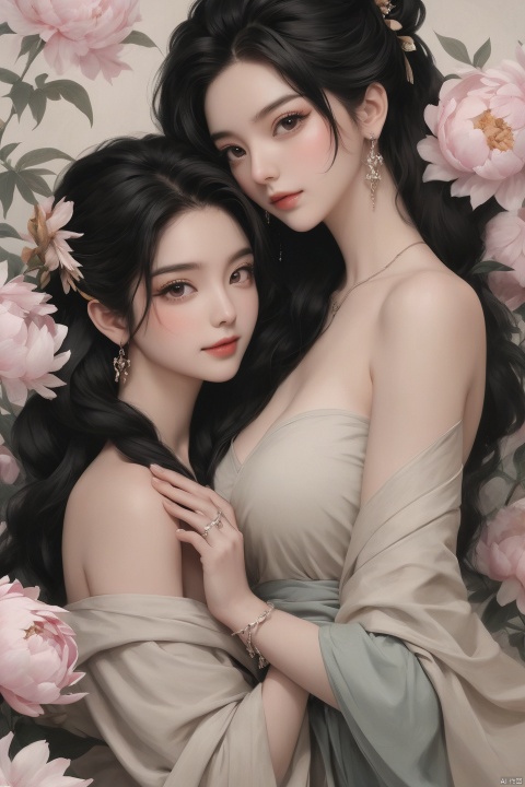  Background Peony, 2 girls, touching together, stud earrings, long hair, solo, looking at the audience, Peony tattoo, chest, belly band, dark eyes, actor, flower makeup, off-the-shoulder, shut up, paper, black hair, crop, topless, collarbone, sexy, crested, flower, sleeve, tattoo on back,