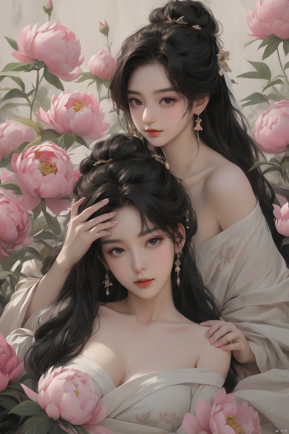 Background Peony, 2 girls, touching together, stud earrings, long hair, solo, looking at the audience, Peony tattoo, chest, belly band, dark eyes, actor, flower makeup, off-the-shoulder, shut up, paper, black hair, crop, topless, collarbone, sexy, crested, flower, sleeve, tattoo on back,