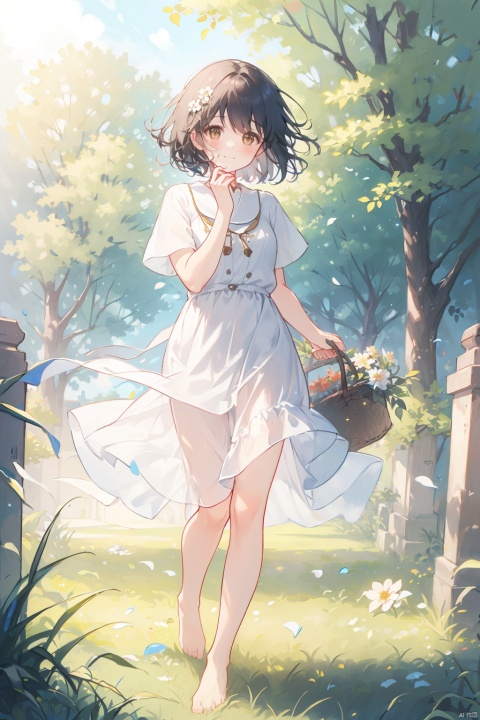 Girl, looking at the audience, blushing, smiling, short hair, bangs, black hair, clothes, holding, brown eyes, standing, whole body, flowers, short sleeves, outdoors, shoes, barefoot, day, white clothes, dress, white dress, tree, perspective, bare legs, leaves, grass, wind, basket, one hand holding hair, fallen leaves