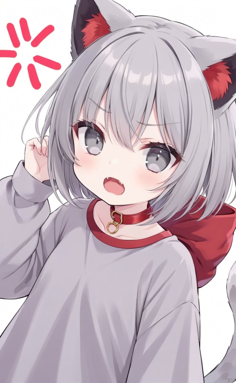 Girl, girl, gray hair, short hair, cat ears, gray eyes, hiss, open mouth, show cute fangs, show fangs, anger, four, head up, red collar, gray tail, oversized shirt, Simple background, white background