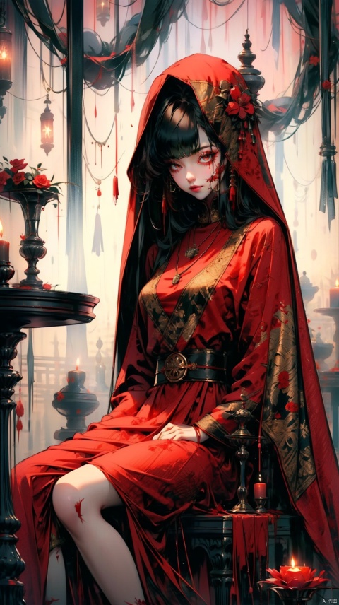 1girl, solo, long hair, looking at viewer, black hair, long sleeves, dress, holding, jewelry, sitting, flower, indoors, hood, necklace, blood, red dress, red flower, veil, blood on face, holding flower, candle, blood on clothes, candlestand