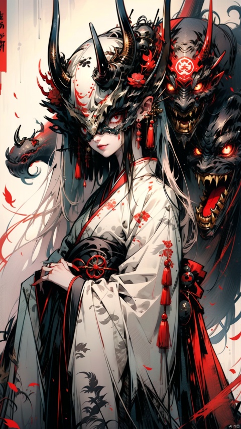 1girl, solo, long hair, looking at viewer, black hair, red eyes, very long hair, tail, japanese clothes, horns, kimono, mask, monster girl, pale skin, sarashi, geta