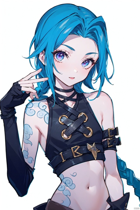 masterpiece,best quality, highly detailed, jinx_(league_of_legends),1girl,solo,navel,looking_at_viewer,arm_tattoo,twin_braids,bare_shoulders,fingerless_gloves,simple background,white background, Purity Portait, nicestyle,Migunov