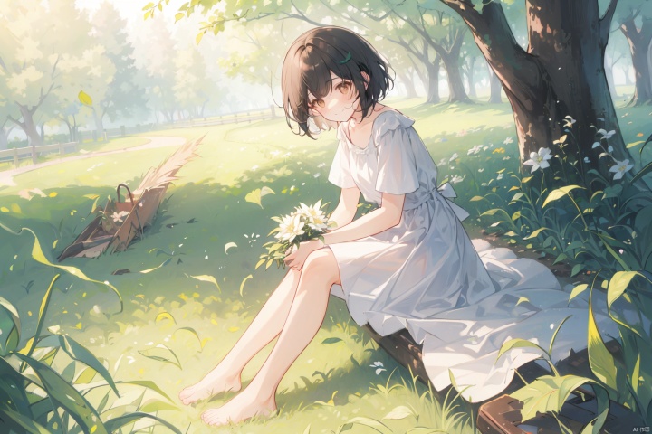 Girl, looking at the audience, blushing, smiling, short hair, bangs, black hair, clothes, holding, brown eyes, sitting, whole body, flowers, short sleeves, outdoors, shoes, barefoot, day, white clothes, dress, white dress, tree, perspective, bare legs, leaves, grass, wind, one hand holding hair, fallen leaves