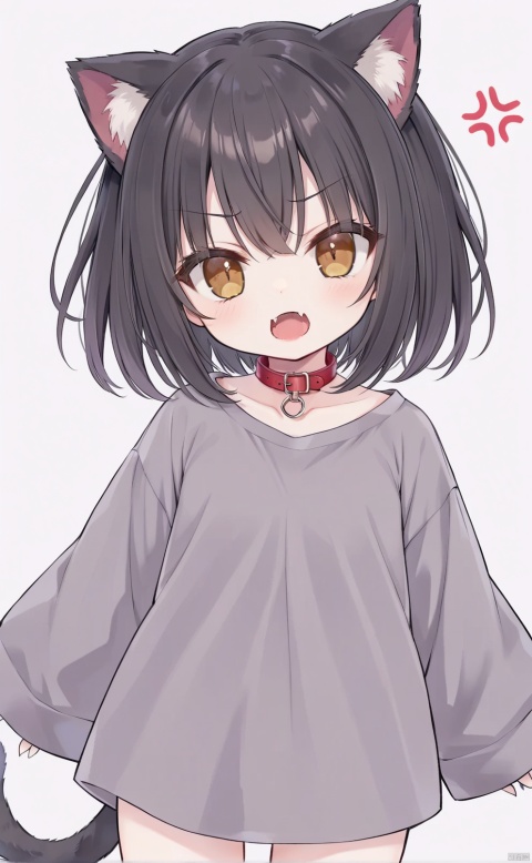 Girl, girl, black hair, short hair, cat ears, brown eyes, hiss, open mouth, show cute fangs, show fangs, anger, four, head up, red collar, gray tail, oversized shirt, Simple background, white background,