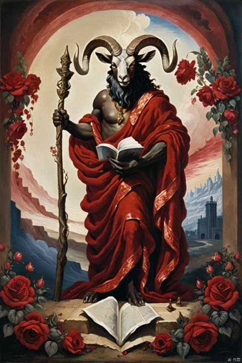 A large Satan draped in the flag of Israel, holding a map in his hand, smiling down at the poor man with the head of a horned goat against a background of blood-red roses