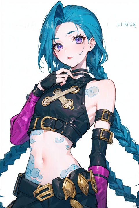 masterpiece,best quality, highly detailed, jinx_(league_of_legends),1girl,solo,navel,looking_at_viewer,arm_tattoo,twin_braids,bare_shoulders,fingerless_gloves,simple background,white background