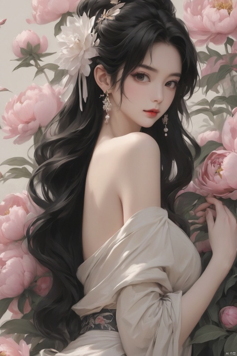 Background Peony, 1 girl, stud ears, long hair, solo, looking at the audience, peony tattoo on the arm, chest, belly, black eyes, actor, flower makeup, off-the-shoulder, shut up, paper, black hair, midriff, upper body, collarbone, sexy, crested, flower, sleeve