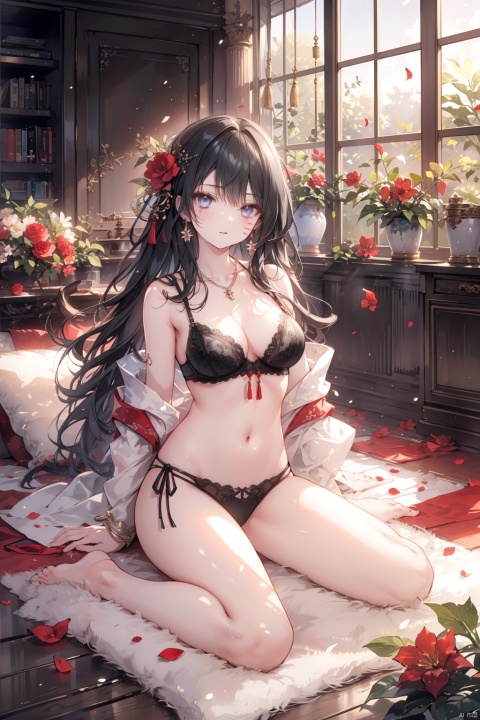 1girl, solo, long hair, breasts, looking at viewer, black hair, hair ornament, navel, cleavage, bare shoulders, jewelry, medium breasts, sitting, underwear, full body, flower, earrings, parted lips, barefoot, day, indoors, necklace, stomach, bra, blurry, lips, petals, bare legs, arm support, facial mark, sunlight, plant, red flower, tassel, hair over shoulder, forehead mark, yokozuwari, vase