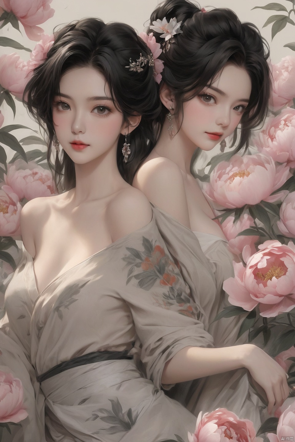 Background Peony, 2 girls, touching together, stud earrings, long hair, solo, looking at the audience, Peony tattoo, chest, belly band, dark eyes, actor, flower makeup, off-the-shoulder, shut up, paper, black hair, crop, topless, collarbone, sexy, crested, flower, sleeve, tattoo on back,