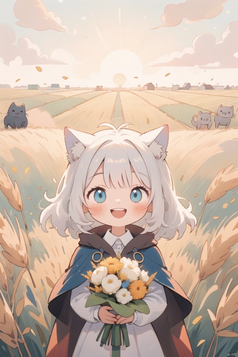 (Drawn by Lynn Okamoto), center frame, clear focus, (panoramic, wide Angle shot), best quality, works, very detailed, detailed background, (from top :1.2), 1 boy, Cat Man, solo,loli, blue eyes, white hair, close one eye, smile, open mouth, windswept hair, side, fluffy hair, French, blush, smile, cape, sunset, dusk, scenery, golden sky, high place, horizon, wheat fields, wheat ears, wind, wind blowing, looking at the audience, (depth of field), Bokeh, (bouquet :1.3), (bouquet :1.2), (middle):0.5,