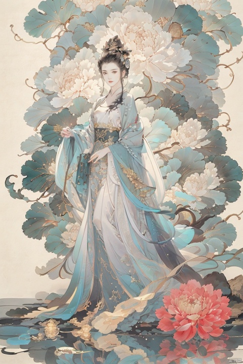  ((4k,masterpiece,best quality)),shuimobysim,traditional chinese ink painting,lotus,hanfu,maxiskit,dress conservatively 1 girl,（solo:1.5),Black hair,long hair,long skirt,white skirt,Hanfu,mountain,forest,bird,cloud,looking at the audience,whole body,standing on the water,forest,perfect female figure,ruhua,