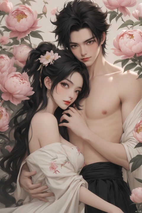 Background Peony, 1 girl, 1 boy, touching together, stud ears, long hair, solo, looking at the audience, Peony tattoo, chest, belly band, black eyes, actor, flower makeup, off-the-shoulder, shut up, paper, black hair, crop, topless, collarbone, sexy, crested, flower, sleeve, tattoo on back,