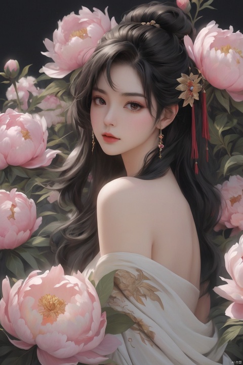  Background Peony, 1 girl, stud ears, long hair, solo, looking at the audience, peony tattoo on the arm, chest, belly, black eyes, actor, flower makeup, off-the-shoulder, shut up, paper, black hair, crop, upper body, collarbone, sexy, crested, flower, sleeve, tattoo