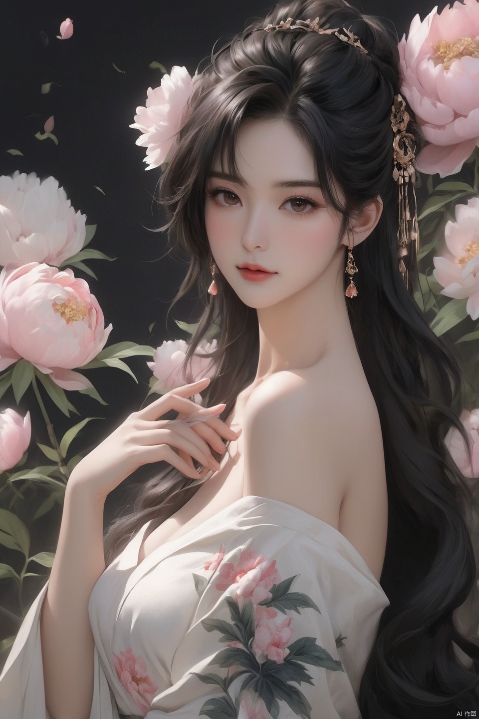 Background Peony, 1 girl, stud ears, long hair, solo, looking at the audience, peony tattoo on the arm, chest, belly, black eyes, actor, flower makeup, off-the-shoulder, shut up, paper, black hair, midriff, upper body, collarbone, sexy, crested, flower, sleeve